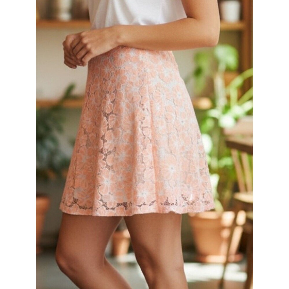 Paper Crane Peach & White Floral Lace Skater Mini Skirt Size XL 90s y2k Romantic